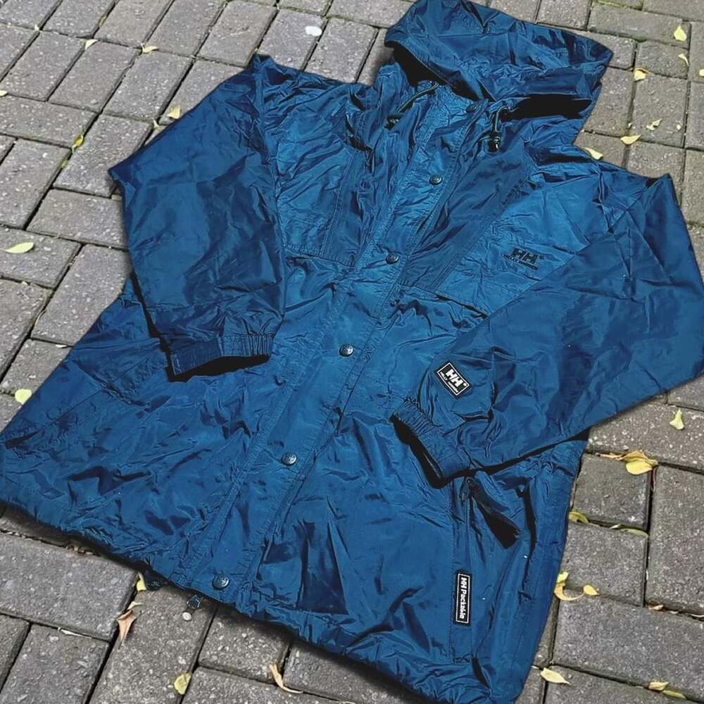 Vintage Gorpcore 90’s Helly Hansen L Teal Blue Packable Hooded Green Windbreaker